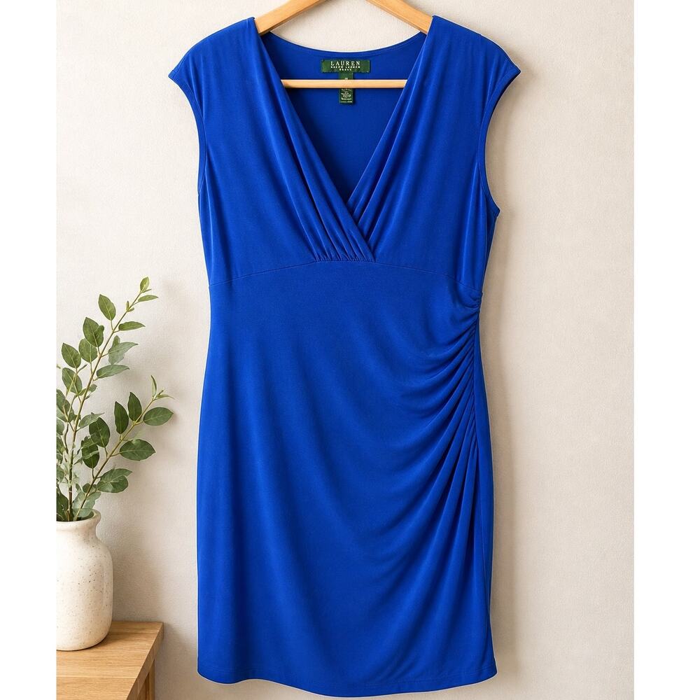 Lauren Ralph Lauren Electric Blue Capped Sleeve Ruched Sheath Dress Size 16